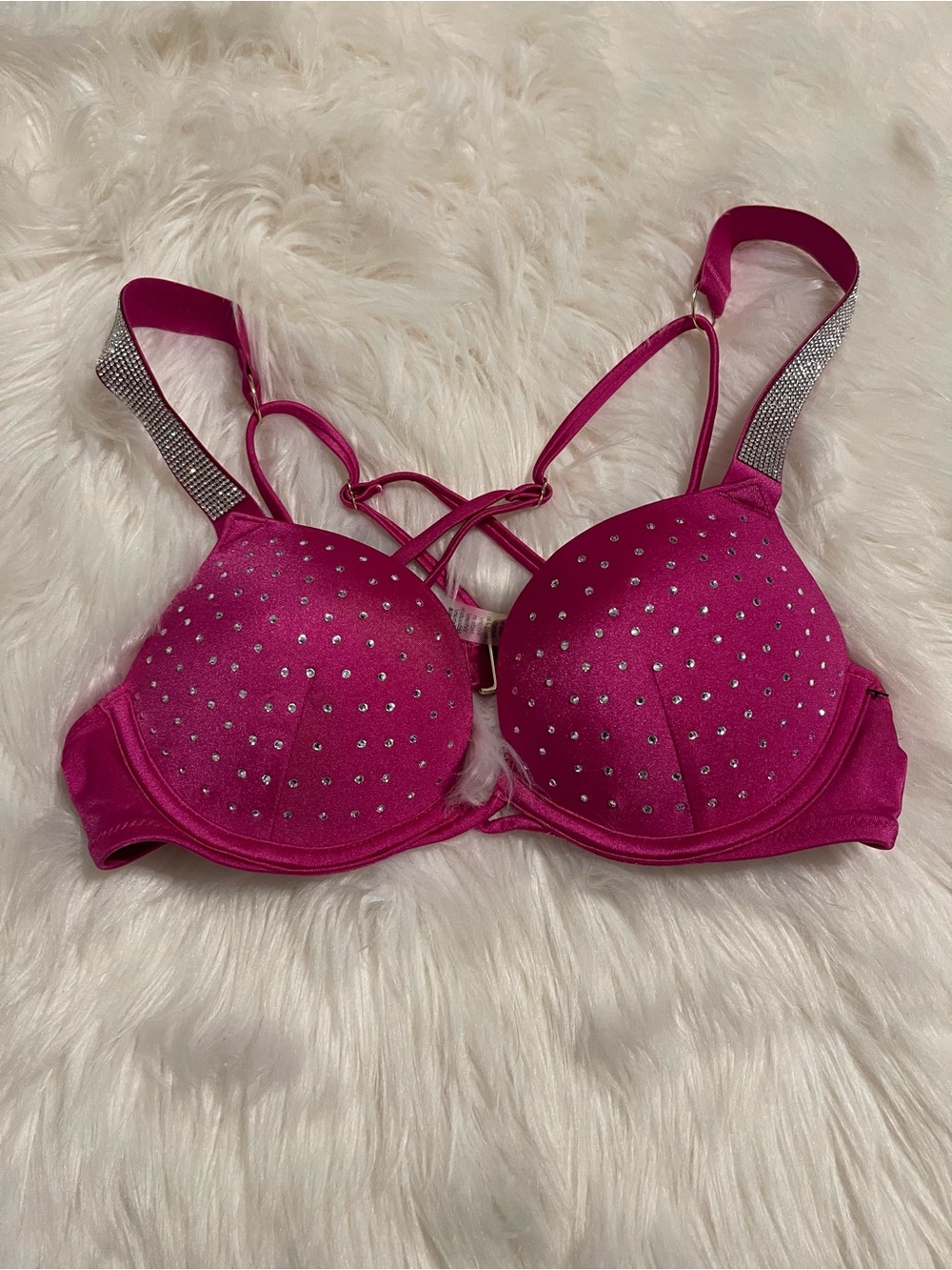 Victoria's Secret Hot Pink Rhinestone Push-Up Bikini Top with Strappy Back